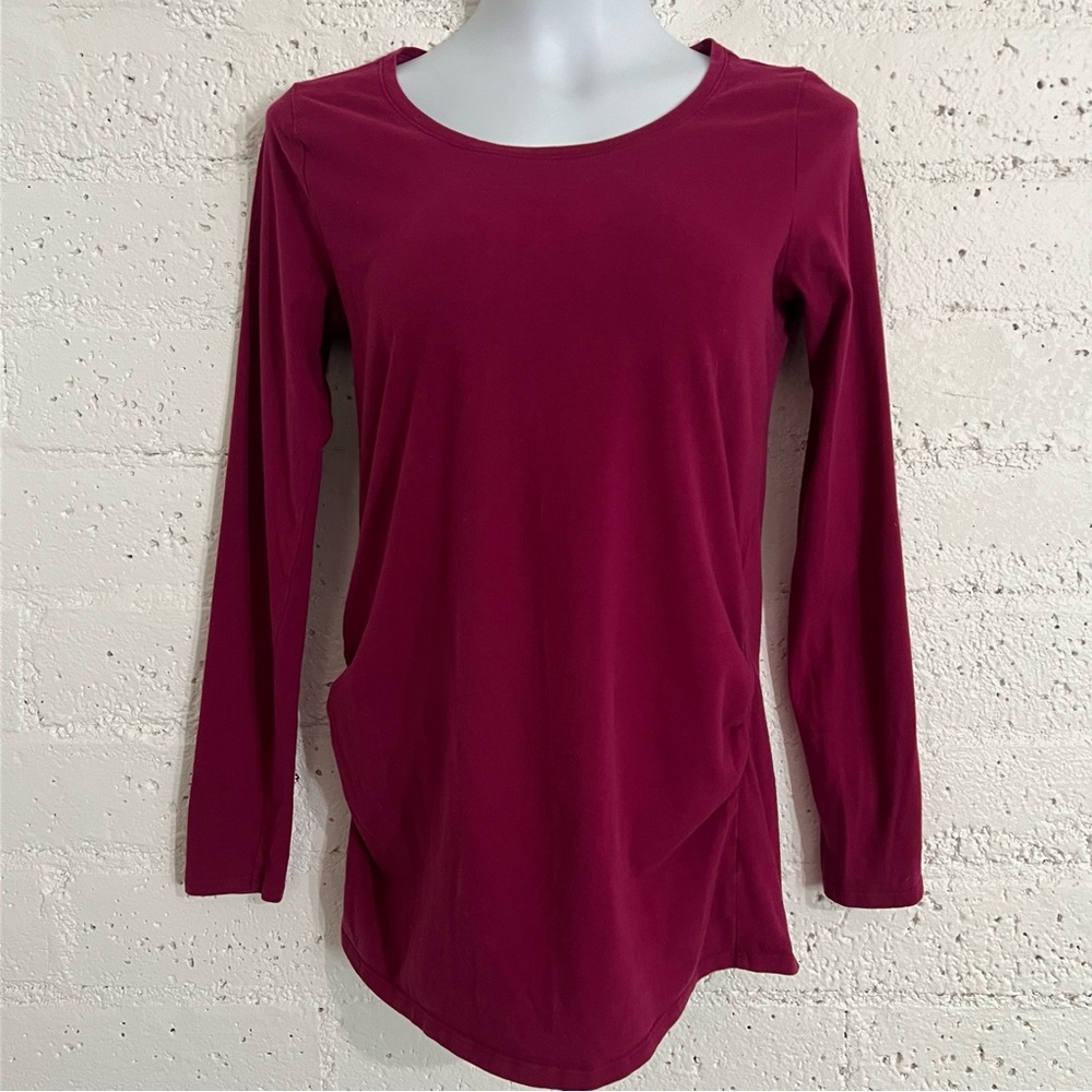 Bumpstart Maternity Top S Red Long Sleeve Ruched Sides Cotton Stretch BS13